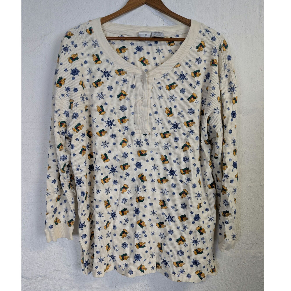 Vtg Disney Store Winnie the Pooh Bear Thermal Henley Top Winter Holiday Large